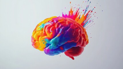 Aufkleber - A brain covered in vibrant paint splatters displays an artistic expression of creativity, merging art and science in a striking visual. Generative AI
