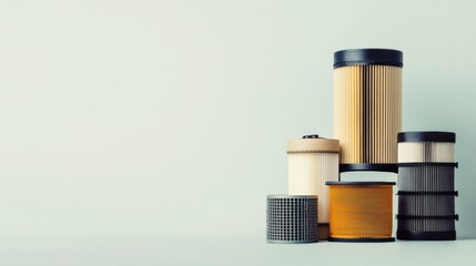 Fototapete - Various types of car oil, air, and fuel filters are displayed against a light background, highlighting their distinct shapes and colors. Generative AI