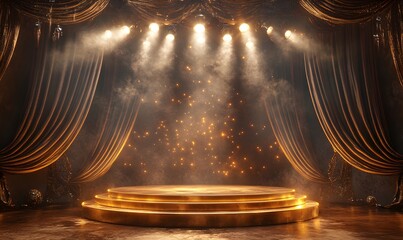 Poster - Shimmering Podium with Stage Lights, A golden podium glowing under multiple spotlight lamps