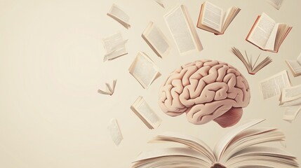 Fototapete - A central brain is encircled by open books and fluttering pages, illustrating the connection between learning and knowledge acquisition. Generative AI