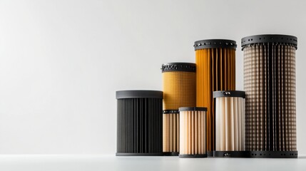 Fototapete - Various automotive filters for oil, air, and fuel are lined up against a neutral backdrop highlighting their designs and functions. Generative AI