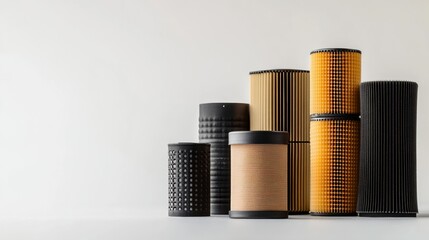 Leinwandbilder - Different types of oil, air, and fuel filters arranged neatly on a light background, highlighting their diverse shapes and functions. Generative AI