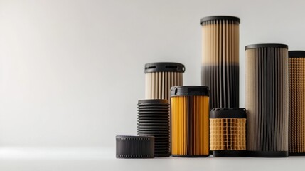 Leinwandbilder - Various oil, air, and fuel filters are arranged neatly against a light background, showcasing essential components for automotive upkeep. Generative AI