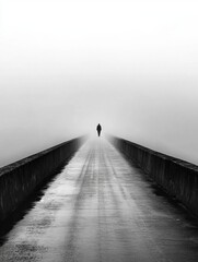 Leinwandbilder - A lone person strides down a lengthy, deserted bridge shrouded in thick fog, creating a serene yet mysterious atmosphere at dawn. Generative AI