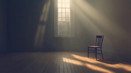 Poster - A lone chair stands against a wall in an empty room with wooden floors, bathed in sunlight from a nearby window. Generative AI