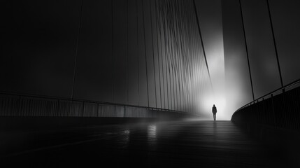 Aufkleber - A lone figure strolls on a long, desolate bridge engulfed in fog and soft light, creating a haunting atmosphere of solitude. Generative AI