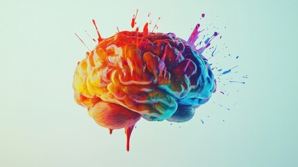 Fototapete - A vibrant brain covered in splashes of paint showcases creativity and imagination. The colorful strokes evoke a sense of artistic expression. Generative AI