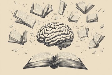 Aufkleber - A brain is depicted at the center, surrounded by open books and flying pages, illustrating the connection between knowledge and learning. Generative AI