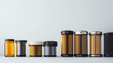 Fototapete - Different car filters are displayed on a light background, showing oil, air, and fuel varieties for automotive maintenance and servicing. Generative AI