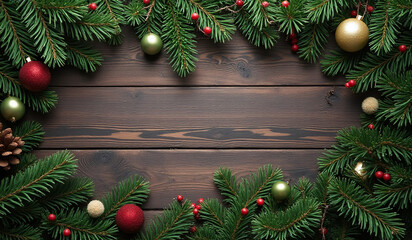 Wall Mural - dark wood supports christmas tree branches flat lay setup empty space around