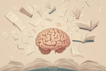 Fototapete - A brain is centrally placed among open books and scattered pages, illustrating the concept of knowledge and the journey of learning. Generative AI