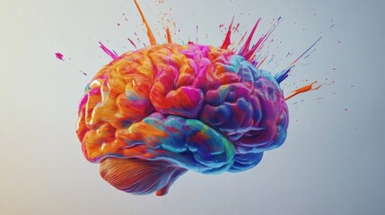 Poster - A vibrant brain bursts with lively paint strokes and splashes, showcasing creativity and the dynamic nature of thought, set against a light backdrop. Generative AI