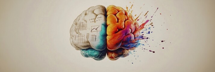 Poster - This artwork symbolizes the balance between creativity and logic, combining vivid colors and detailed sketch elements to illustrate thought dynamics. Generative AI