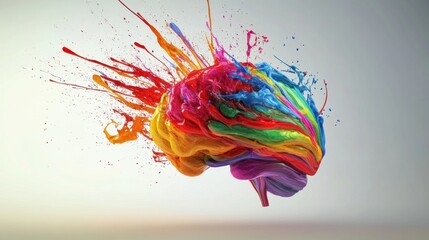Aufkleber - A brain adorned with vivid paint strokes and splashes showcases creativity, merging art and intellect in a striking display of color. Generative AI