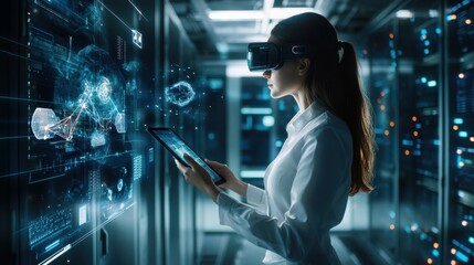 Aufkleber - A female IT specialist uses a tablet to interact with augmented reality visuals in a high-tech server environment