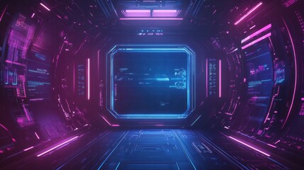 Poster - a futuristic abstract ui spaceship window display with hud, neon lights, virtual interface elements,
