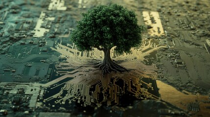 Aufkleber - A green tree on a computer chip, technology meets nature, a circuit board, roots that look like wires, blending technology with nature
