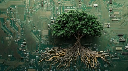 Aufkleber - A green tree on a computer chip, technology meets nature, a circuit board, roots that look like wires, blending technology with nature