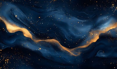 Poster - Gilded Night, An abstract navy blue night sky with swirling golden particles