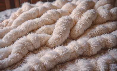 Poster - A white blanket with a bunch of white yarn on it. The yarn is twisted and curled up