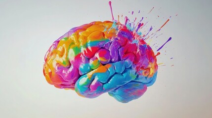 Fototapete - A brain is vividly decorated with paint splashes and strokes, showcasing a burst of colors that symbolize creativity and imagination. Generative AI