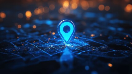 Poster - A luminous blue digital map pin floats above a sleek background, hinting at navigation and location in a modern, minimalistic style