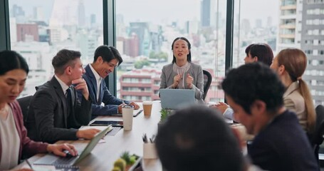 Aufkleber - Business people, laptop and collaboration in office for project, planning and development in Japan. Team, manager and communication in workplace for stakeholder report, proposal and brainstorming