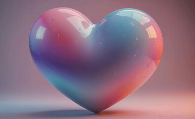 Poster - A heart made of glass is sitting on a table. The heart is multicolored and has a shiny, reflective surface. Concept of warmth and love, as the heart is often associated with these emotions