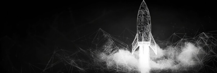 Fototapete - Rocket launch depicted with polygonal wireframe design symbolizes innovation in technology and the future of space exploration. Generative AI