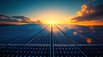 Canvas Print - Expansive Solar Panel Array Under Vibrant Sunset Sky with Dramatic Clouds and Warm Light Bathed in a Picturesque Landscape for Renewable Energy Themes