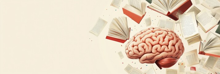 Fototapete - A brain hovers at the center as pages from various open books flutter around, illustrating the dynamic nature of knowledge and learning. Generative AI