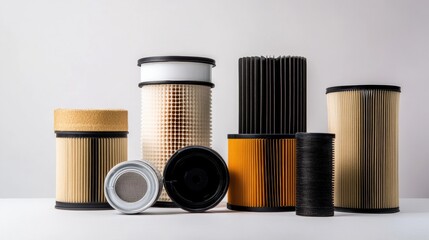 Poster - Various car filters are arranged neatly, showcasing oil, air, and fuel filters on a light background for easy identification and comparison. Generative AI