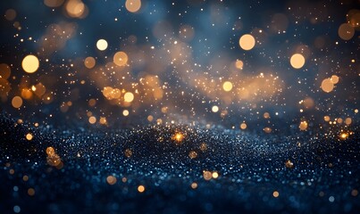 Poster - Navy blue backdrop with a bokeh effect of golden light particles and subtle gold foil texture