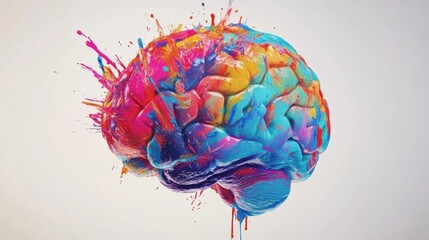 Aufkleber - A brain is uniquely adorned with bright paint strokes and splashes, symbolizing creativity and imagination in a striking visual presentation. Generative AI