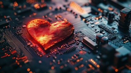 Aufkleber - An electronic circuit with a heart-shaped shape and intricate patterns on a motherboard represents the union of technology and emotion