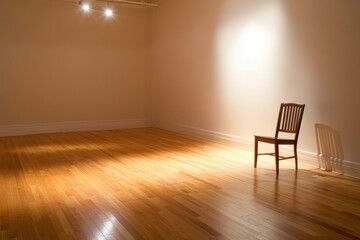 Poster - Light gently illuminates an empty room featuring polished wooden floors and a solitary chair positioned near the wall, evoking tranquility. Generative AI