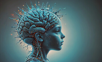 Aufkleber - A girl's head with a brain on it. The brain is surrounded by a lot of sparks