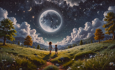 Poster - A child and a small child are walking in a field under a large moon. The sky is cloudy and the moon is bright