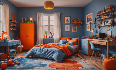 Poster - A colorful bedroom with a bed, desk, and chair. The room is decorated with orange and blue colors, and there are many toys scattered around