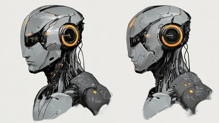 Aufkleber - Angular droid robot and cyborg design for future of people living. Digital data mining and machine learning technology design.