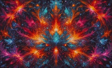 Poster - A colorful, abstract painting of flowers with a blue background. The flowers are in various shades of red, orange, and blue, and they are scattered throughout the painting