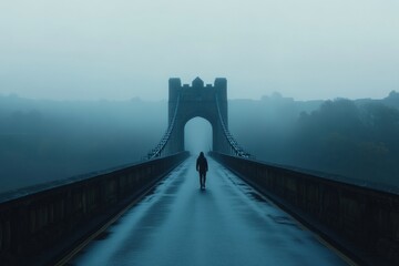 Poster - A lone figure strides down a long, deserted bridge, enveloped in fog, with muted colors and a serene atmosphere at dawn. Generative AI