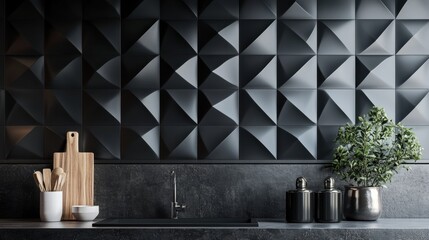 Modern kitchen design featuring a textured black wall and decor