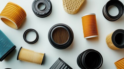 Fototapete - Various car filters, including oil, air, and fuel types, are displayed on a light background, showcasing their distinct shapes and colors. Generative AI