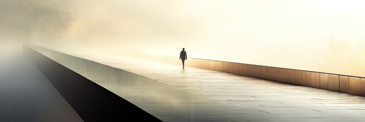 Aufkleber - A solitary figure walks along a long, empty bridge shrouded in mist, capturing a moment of solitude and reflection at dawn. Generative AI