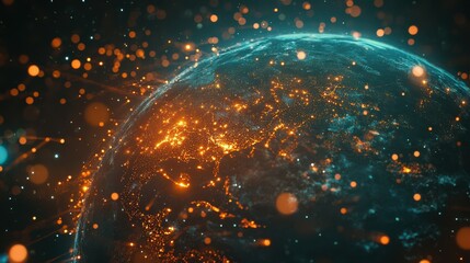 Poster - Blockchain technology, cryptocurrency, interconnected world and IoT for business concept on planet earth. Global world network connected and telecommunication on planet earth.