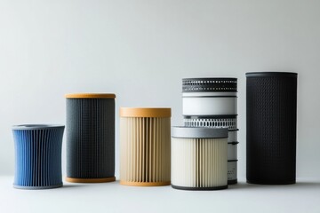 Leinwandbilder - Display of various car filters designed for oil, air, and fuel, highlighting their different shapes and functions for vehicle upkeep. Generative AI
