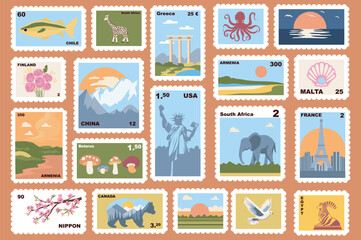 Poster - Post stamps set elements in flat graphic design. Collection of cute retro postal mail stickers from travel with different city and country, landscapes, architecture and other. Vector illustration.