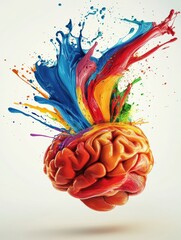Aufkleber - A brain is adorned with splashes of colorful paint, showcasing creativity and freedom of expression against a plain background. Generative AI