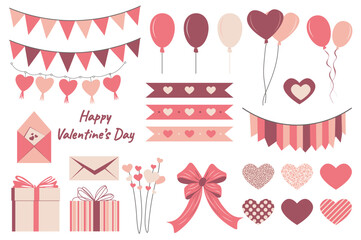 Poster - Valentine day set elements in flat graphic design. Collection of red and pink flag garlands, ribbons, balloons, love letter envelopes, bows, gift boxes, romantic prints, other. Vector illustration.